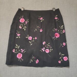 Casual Corner Annex Silk Embroidered Skirt Womens 14 Black Pink Floral Midi